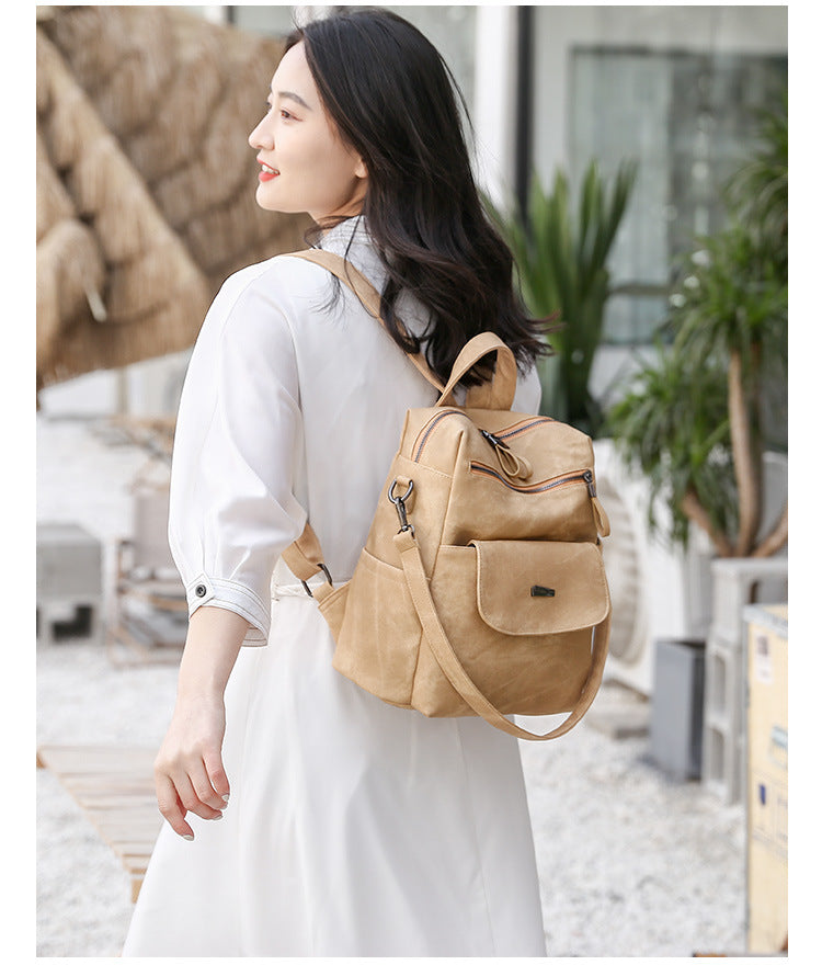 Stylish Women's PU Leather Backpack - Versatile Shoulder Bag with Multiple Pockets(Khaki)