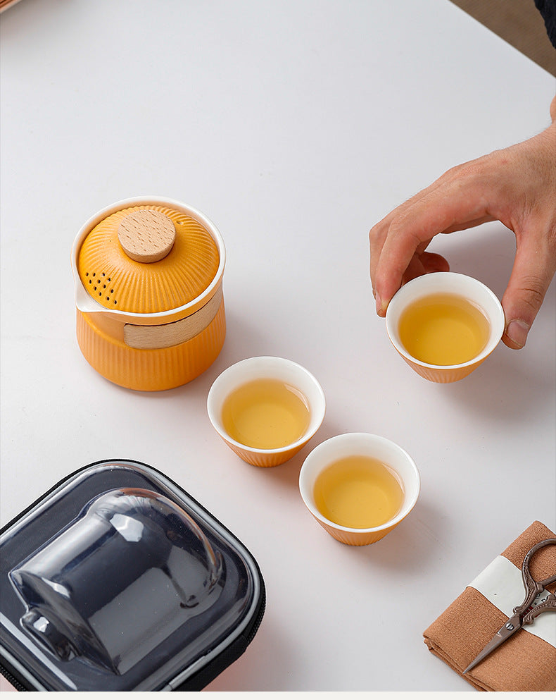 Portable Ceramic Travel Tea Set - One Pot Three Cups with Carrying Case, Elegant Frosted Finish(green)