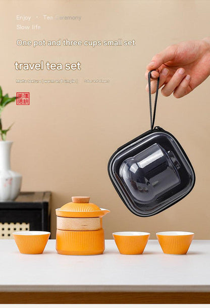 Portable Ceramic Travel Tea Set - One Pot Three Cups with Carrying Case, Elegant Frosted Finish(yellow)