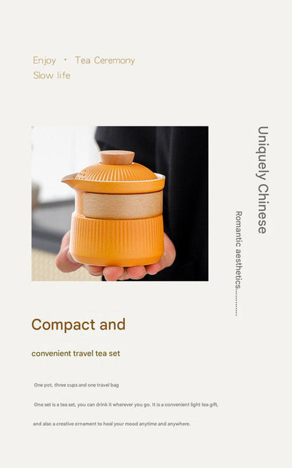 Portable Ceramic Travel Tea Set - One Pot Three Cups with Carrying Case, Elegant Frosted Finish(yellow)