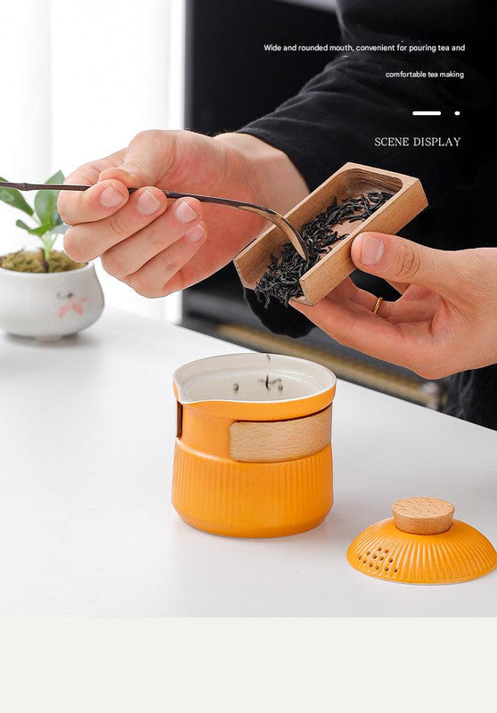 Portable Ceramic Travel Tea Set - One Pot Three Cups with Carrying Case, Elegant Frosted Finish(yellow)