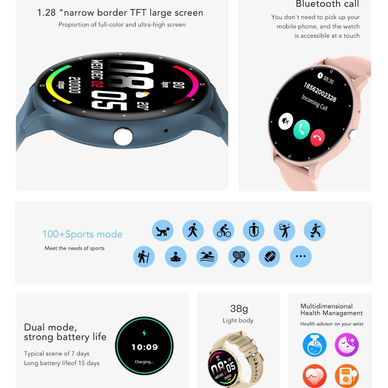 Feature-Rich Smartwatch: 1.28 HD Display  Bluetooth Calling Extensive Sports Tracking (pink)"