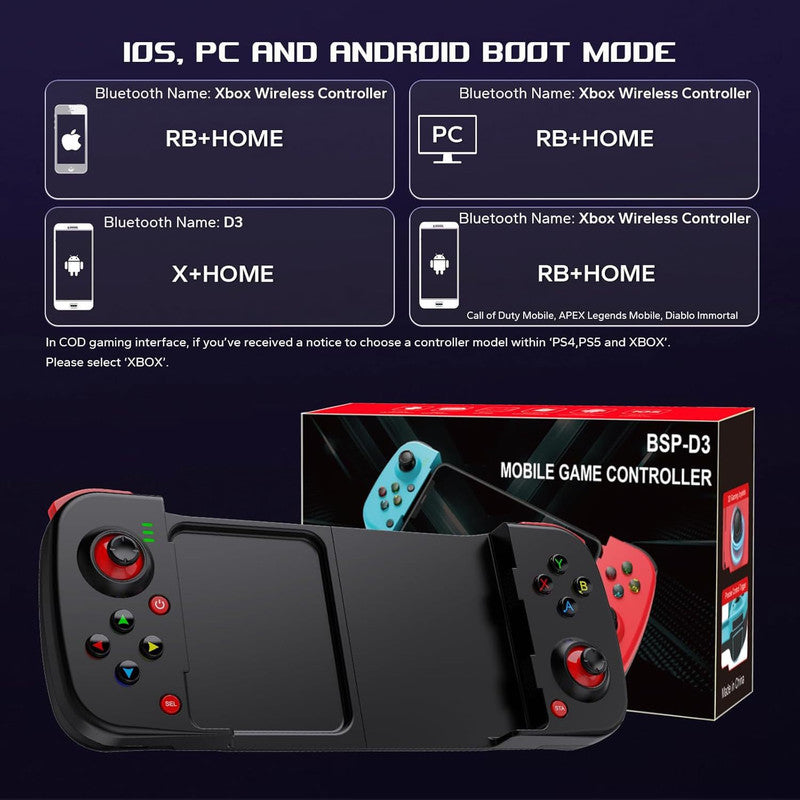Portable Telescopic Mobile Game Controller - Bluetooth 5.0, iOS/Android/PC Compatible, 400mAh Battery(black)