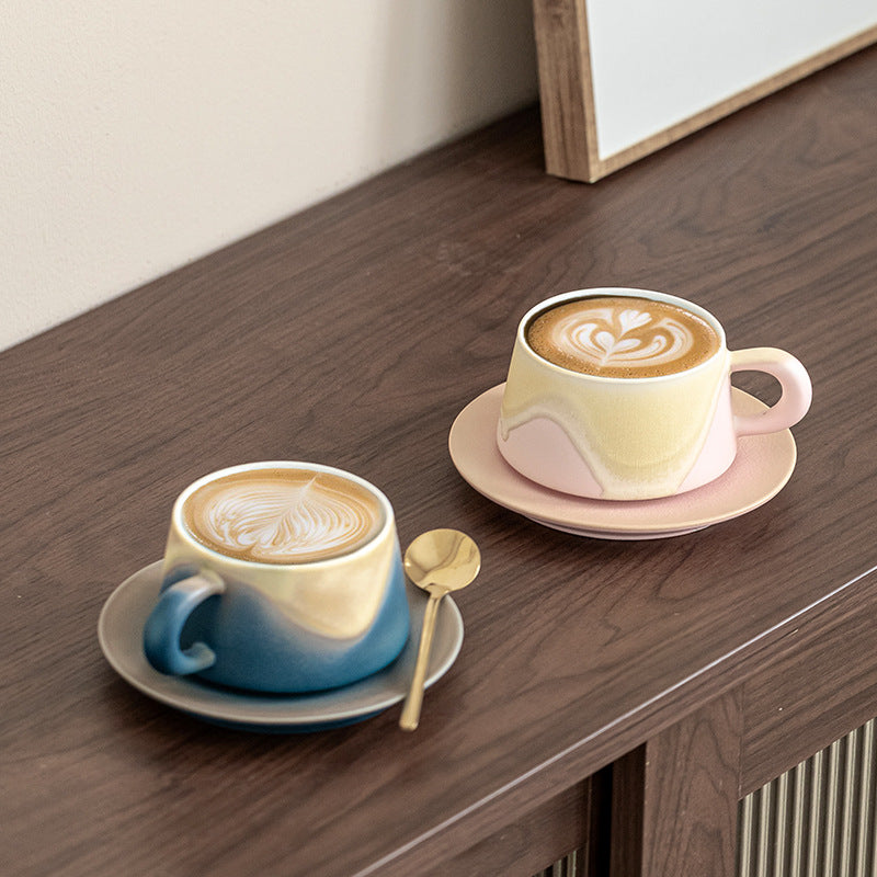 Artistic Ceramic Coffee Cup & Saucer Set with Spoon - Gradient Glaze, 240ml, Gift Boxed(Blue)