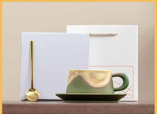 Artistic Ceramic Coffee Cup & Saucer Set with Spoon - Gradient Glaze, 240ml, Gift Boxed(Green)