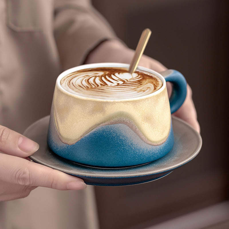 Artistic Ceramic Coffee Cup & Saucer Set with Spoon - Gradient Glaze, 240ml, Gift Boxed(Green)