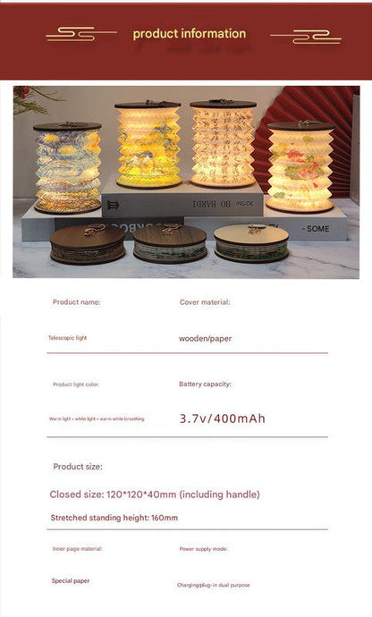 Foldable Telescopic Lantern Lamp - 3 Light Modes, USB Rechargeable, Wood/Paper Finish(Good Luck and Happiness)