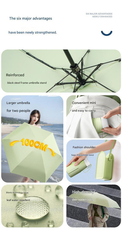 Mini Pocket Umbrella with Matching Crossbody Bag - UV Protection, 6-Rib Windproof Design(green)