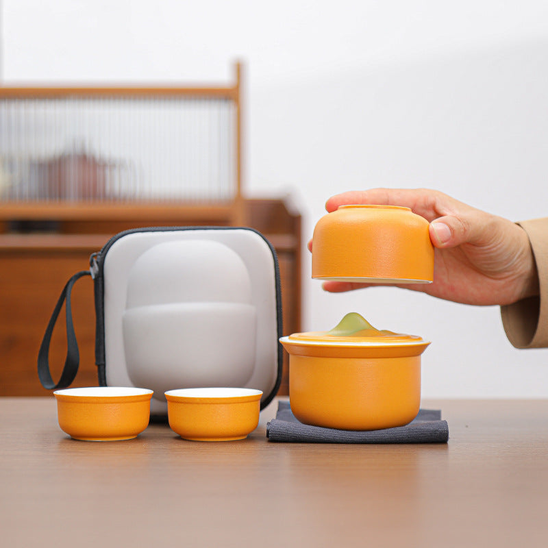 Portable Ceramic Tea Set for Travel - Quick Gaiwan with 3 Cups & Carrying Case(Orange)