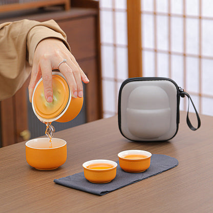 Portable Ceramic Tea Set for Travel - Quick Gaiwan with 3 Cups & Carrying Case(Yellow-green gradient)