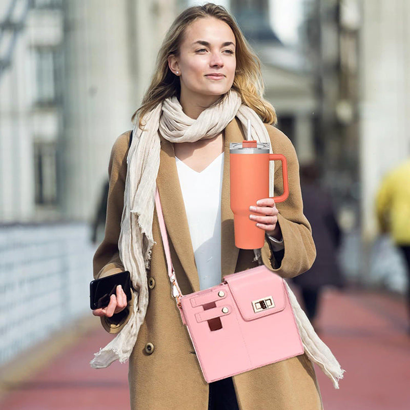 Chic PU Leather Crossbody Bag with Tumbler Holder - Multi-Compartment, Adjustable Strap,Does not include thermos cup(brown)