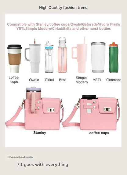 Chic PU Leather Crossbody Bag with Tumbler Holder - Multi-Compartment, Adjustable StrapChic PU Leather Crossbody Bag with Tumbler Holder - Multi-Compartment, Adjustable Strap,Does not include thermos cup(purple)