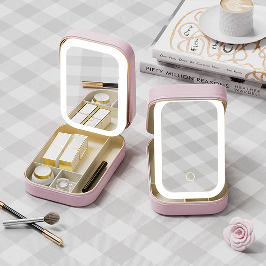 Portable Jewelry & Makeup Organizer Box with LED Touch Mirror - Rechargeable, Adjustable Lighting(pink)