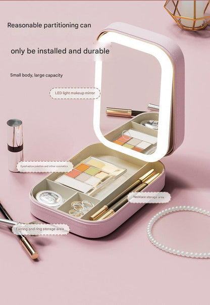 Portable Jewelry & Makeup Organizer Box with LED Touch Mirror - Rechargeable, Adjustable Lighting(green)