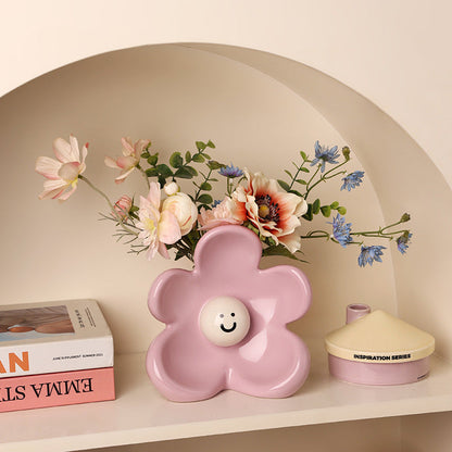 Artistic Floral Smiling Face Vase - Modern Ceramic Decor with Gloss Finish(lemon-yellow)