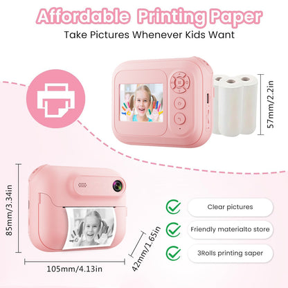 Kids Multi-Functional Camera Toy - Instant B&W Printing & Creative Stickers(pink)