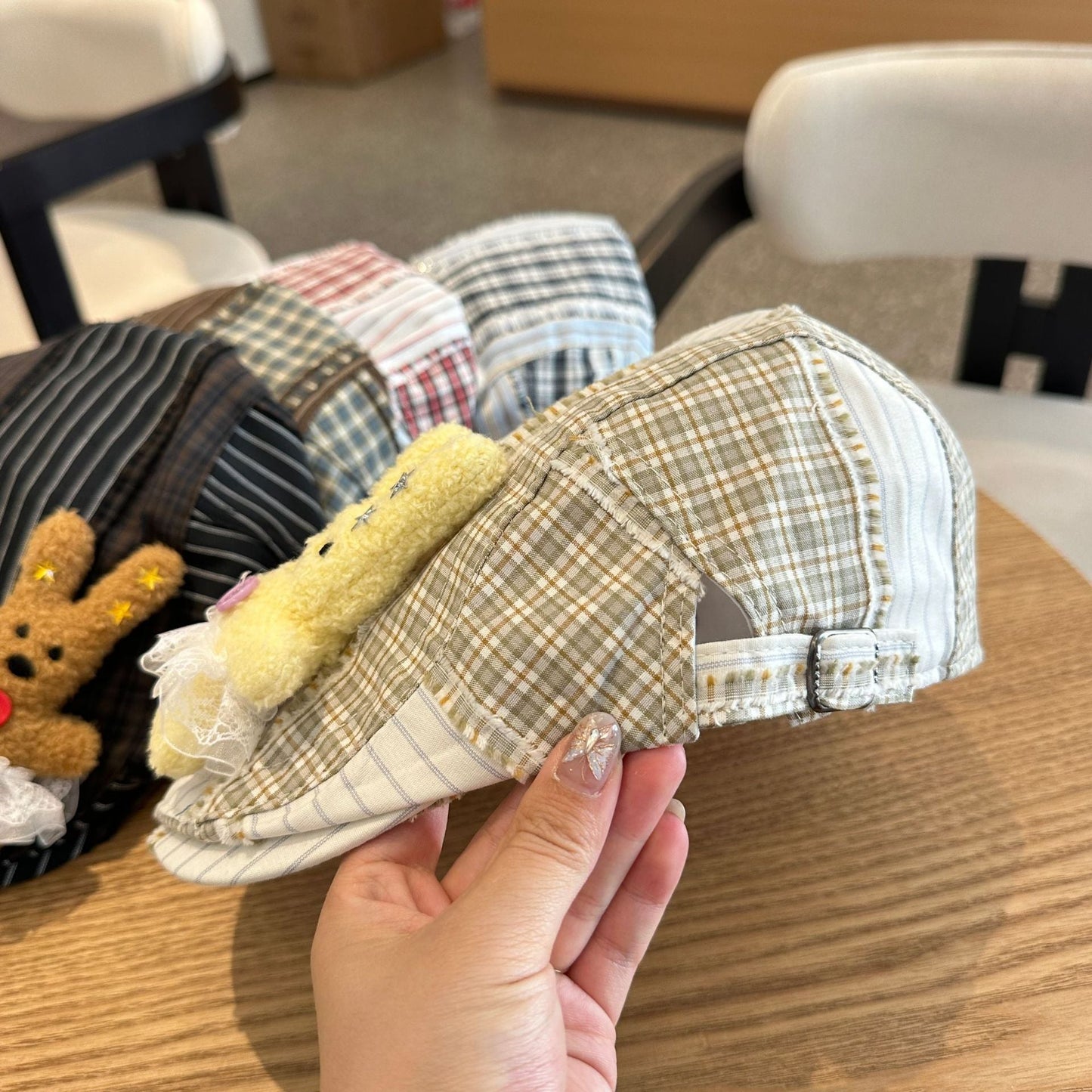Patchwork Plaid Cotton Cap with Decorative Details(brown)