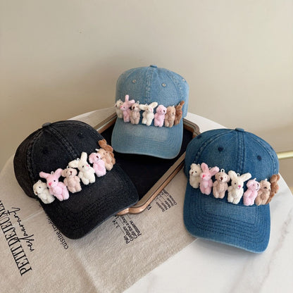 Whimsical Plush Bunny Row Denim Baseball Cap - Adjustable, Sun Protection, Breathable Comfort(Dark Blue)