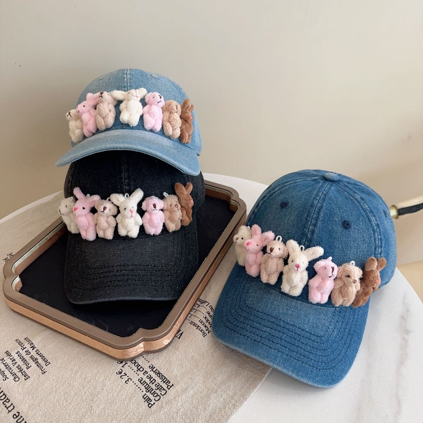 Whimsical Plush Bunny Row Denim Baseball Cap - Adjustable, Sun Protection, Breathable Comfort(Black)
