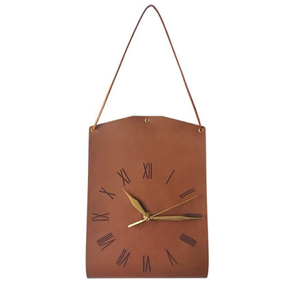 Retro PU Leather Hanging Wall Clock - Silent Sweep Movement, Roman Numerals, Decorative Handbag Style(Dark Brown)