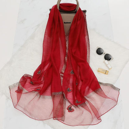 Elegant Butterfly Embroidered Scarf Shawl - Large Soft Silk Blend Wrap for Women(Red)