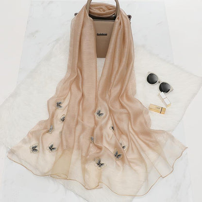 Elegant Butterfly Embroidered Scarf Shawl - Large Soft Silk Blend Wrap for Women(Khaki)