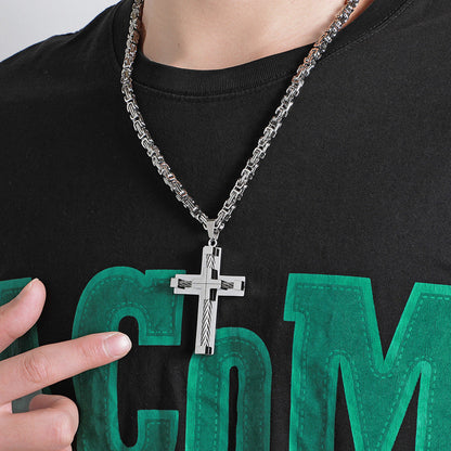 Men's Stainless Steel Layered Cross Pendant with Byzantine Chain - Fashion Statement Necklace(silver)