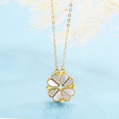 S925 Sterling Silver 2-in-1 Magnetic Convertible Clover to Hearts Pendant Necklace(Platinum)
