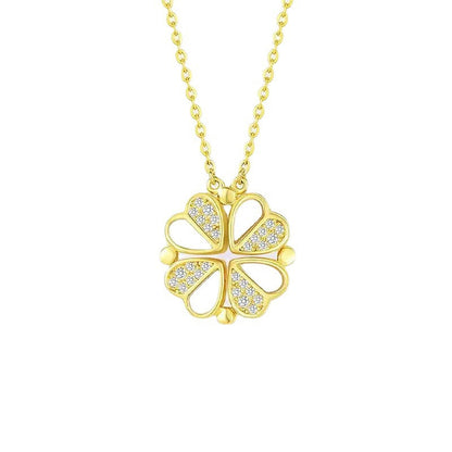 S925 Sterling Silver 2-in-1 Magnetic Convertible Clover to Hearts Pendant Necklace(Platinum)