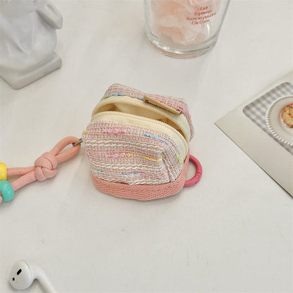 3pc Chic Woven Mini Backpack Pouch - Earphone Case & Coin Purse with Keychain Lanyard(pink)