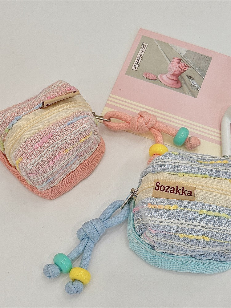 3pc Chic Woven Mini Backpack Pouch - Earphone Case & Coin Purse with Keychain Lanyard(pink)