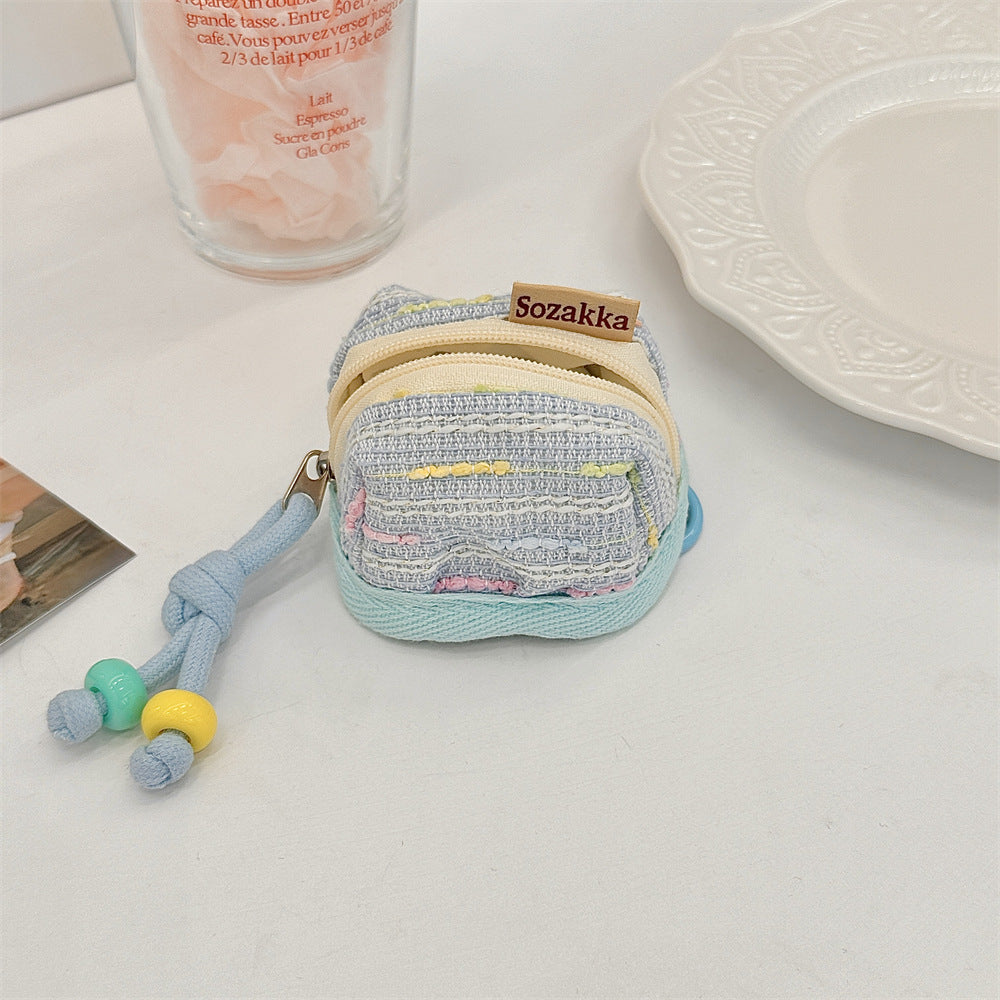 3pc Chic Woven Mini Backpack Pouch - Earphone Case & Coin Purse with Keychain Lanyard(blue)
