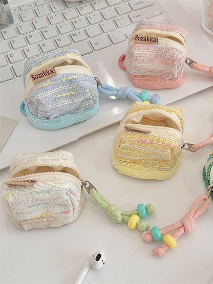 3pc Chic Woven Mini Backpack Pouch - Earphone Case & Coin Purse with Keychain Lanyard(blue)