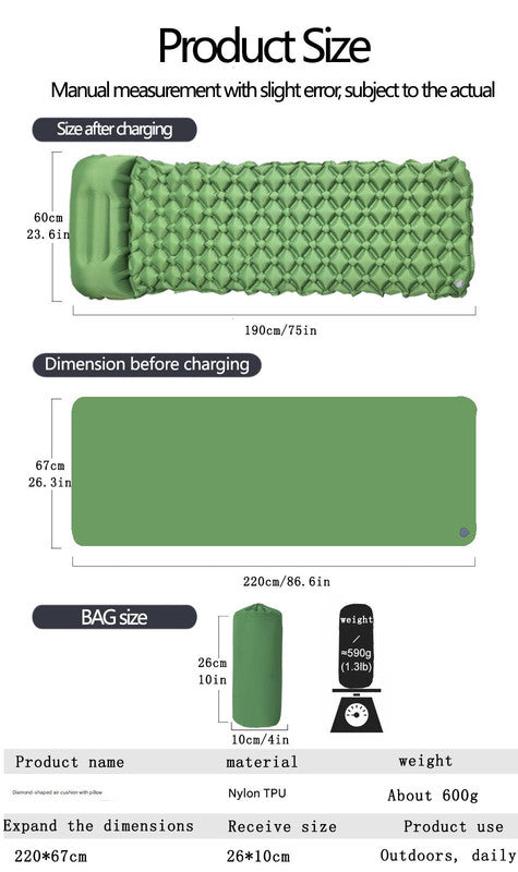 2pc Ultralight Inflatable Camping Sleeping Mat with Integrated Pillow - Waterproof 40D Nylon TPU(Grey)