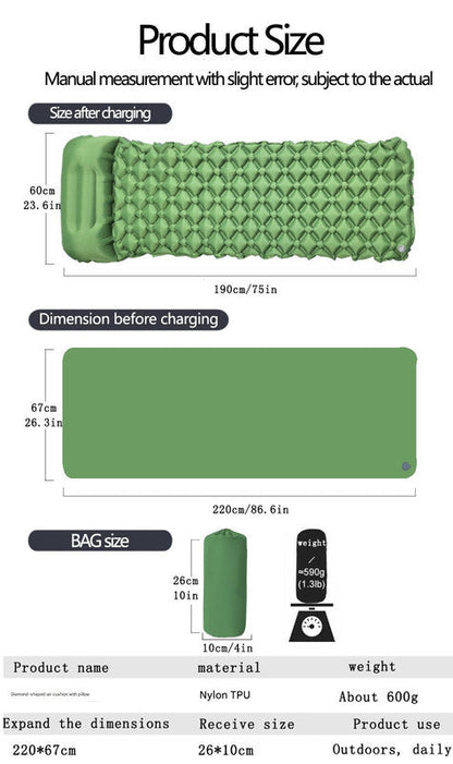 2pc Ultralight Inflatable Camping Sleeping Mat with Integrated Pillow - Waterproof 40D Nylon TPU(Grey)