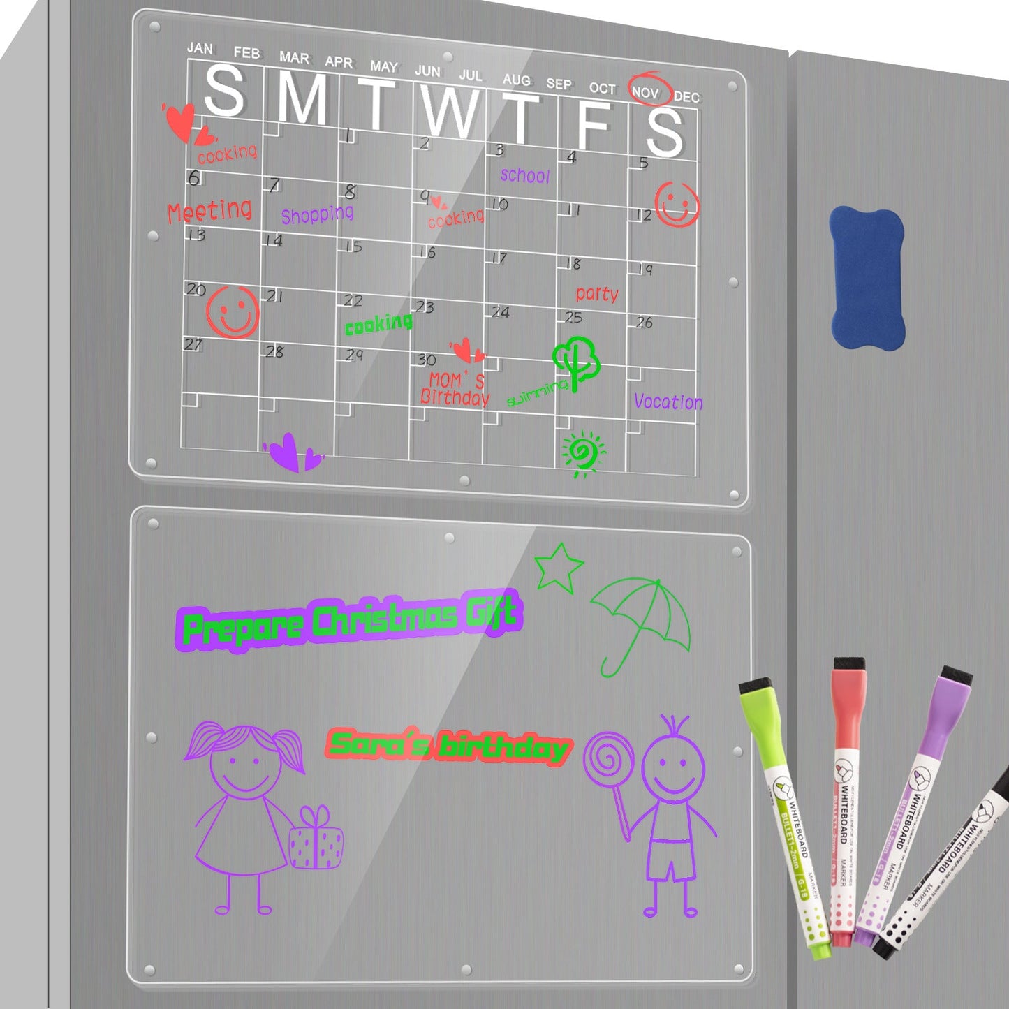 Magnetic Acrylic Fridge Calendar & Memo Board Set - Dry Erase Planner with Markers & Eraser(40*30cm 3mm)