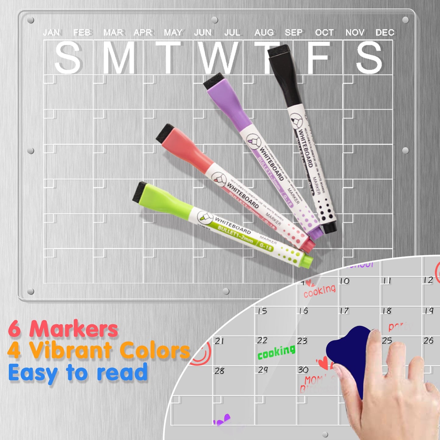 Magnetic Acrylic Fridge Calendar & Memo Board Set - Dry Erase Planner with Markers & Eraser(40*30cm 3mm)