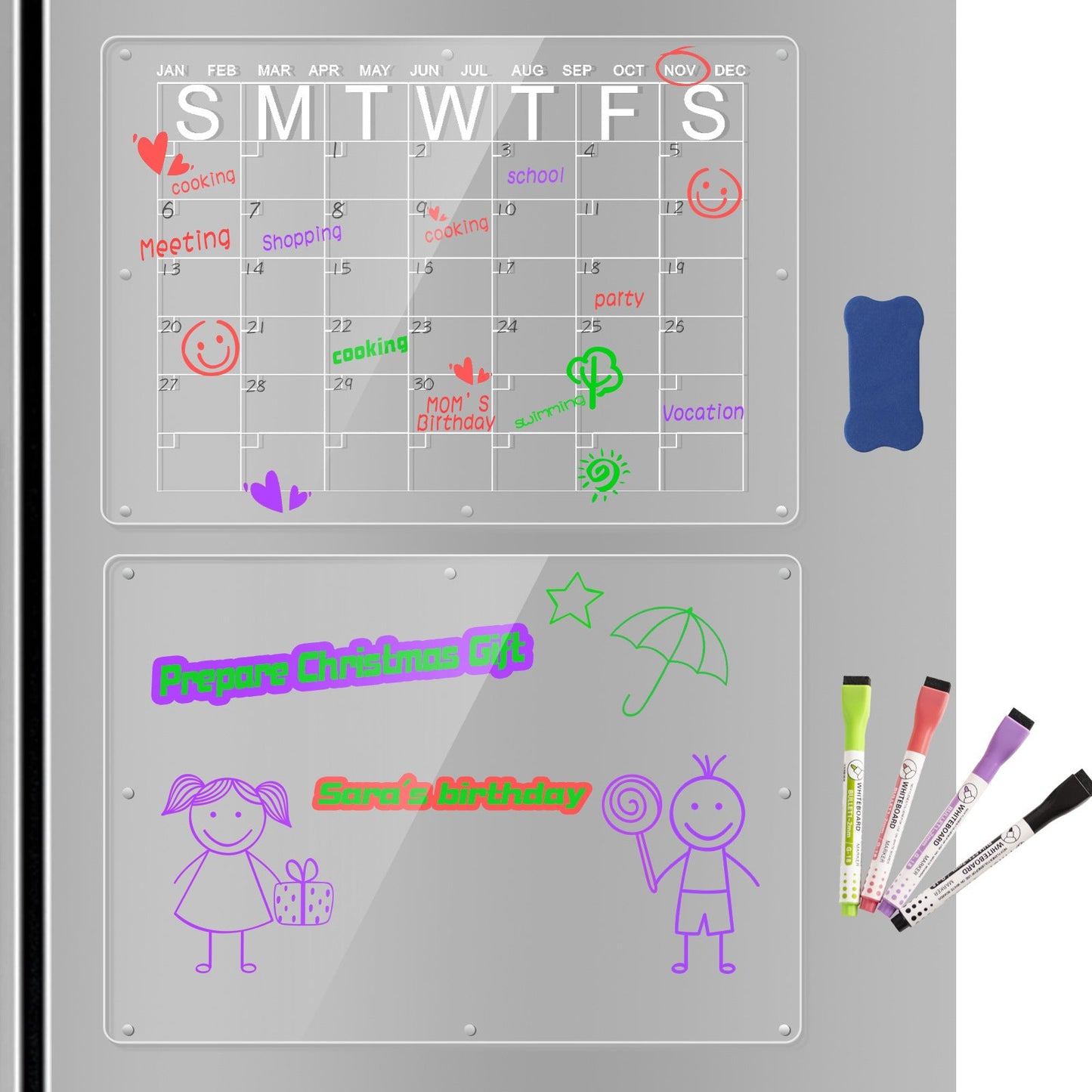 Magnetic Acrylic Fridge Calendar & Memo Board Set - Dry Erase Planner with Markers & Eraser(40*30cm 3mm)