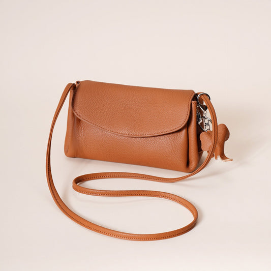 Genuine Leather Flap Crossbody Bag with Elephant Charm - Compact & Stylish Shoulder Purse(White)
