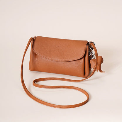 Genuine Leather Flap Crossbody Bag with Elephant Charm - Compact & Stylish Shoulder Purse(Dark gray)