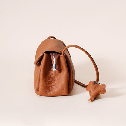 Genuine Leather Flap Crossbody Bag with Elephant Charm - Compact & Stylish Shoulder Purse(Dark gray)