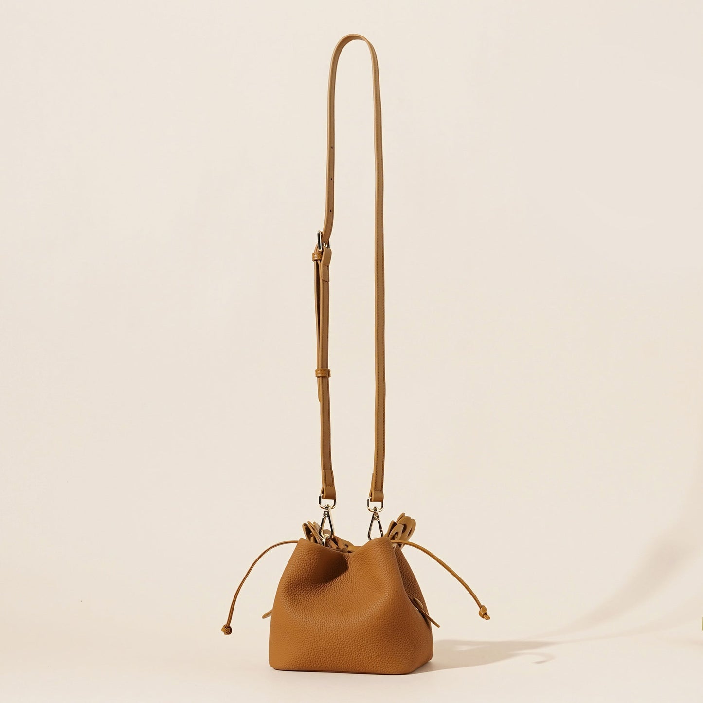 Genuine Leather Mini Bucket Bag with Braided Handle - Chic Drawstring Crossbody Purse(Biscuit)