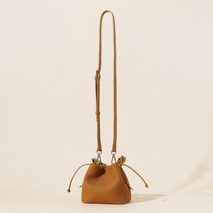 Genuine Leather Mini Bucket Bag with Braided Handle - Chic Drawstring Crossbody Purse(Biscuit)