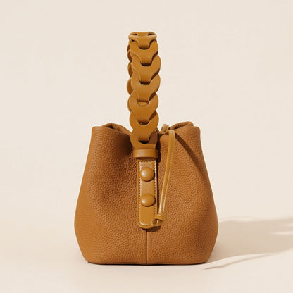 Genuine Leather Mini Bucket Bag with Braided Handle - Chic Drawstring Crossbody Purse(Gray)