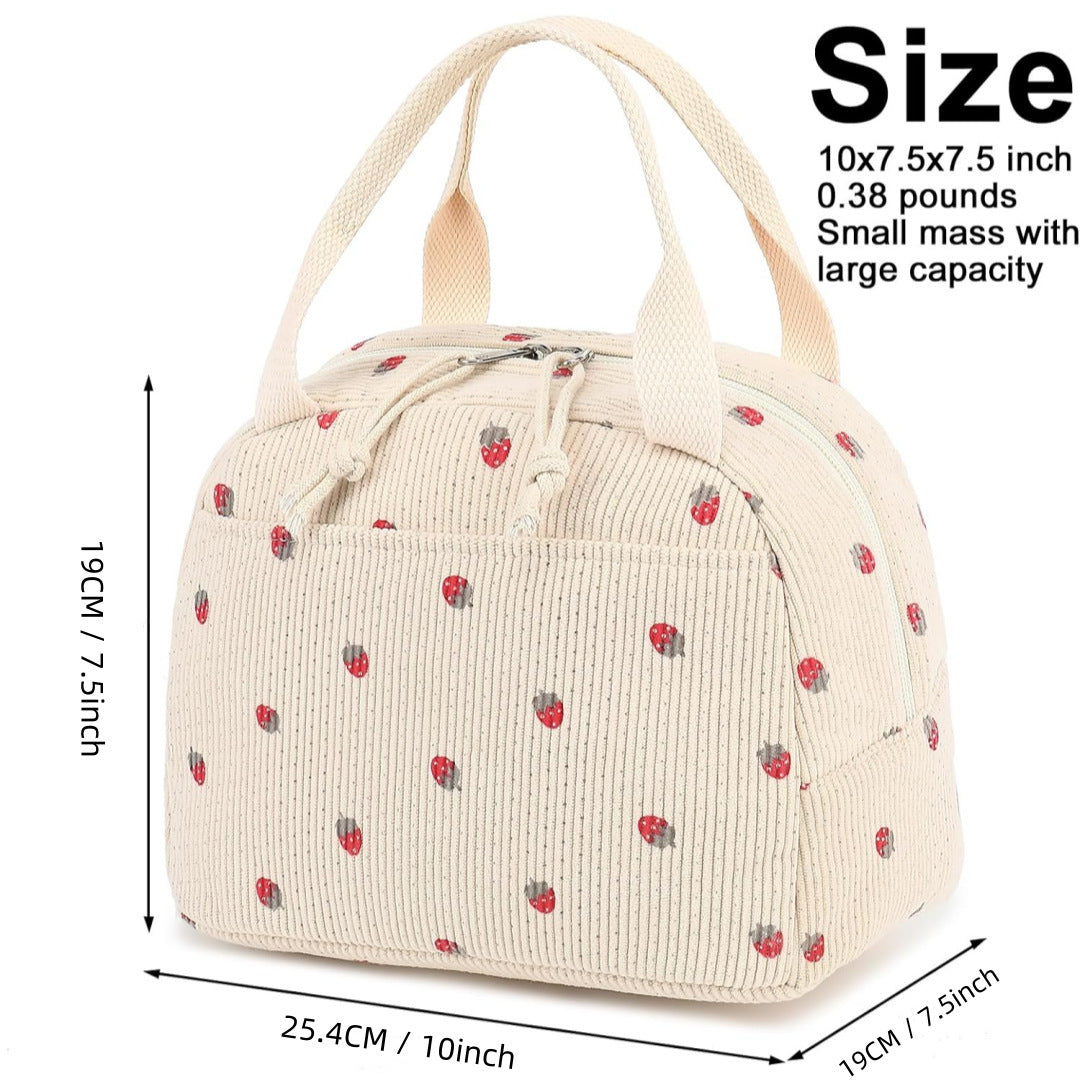 Pink Strawberry Pattern Corduroy Lunch Bag - Insulated Thermal Cooler Tote for School Work and Picnics