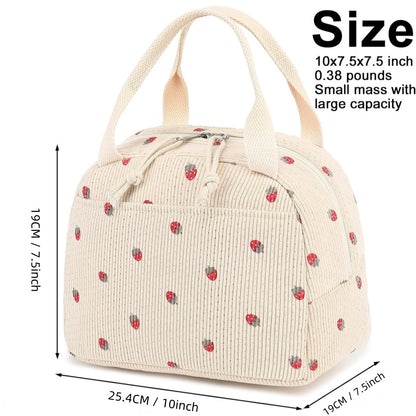 Pink Strawberry Pattern Corduroy Lunch Bag - Insulated Thermal Cooler Tote for School Work and Picnics