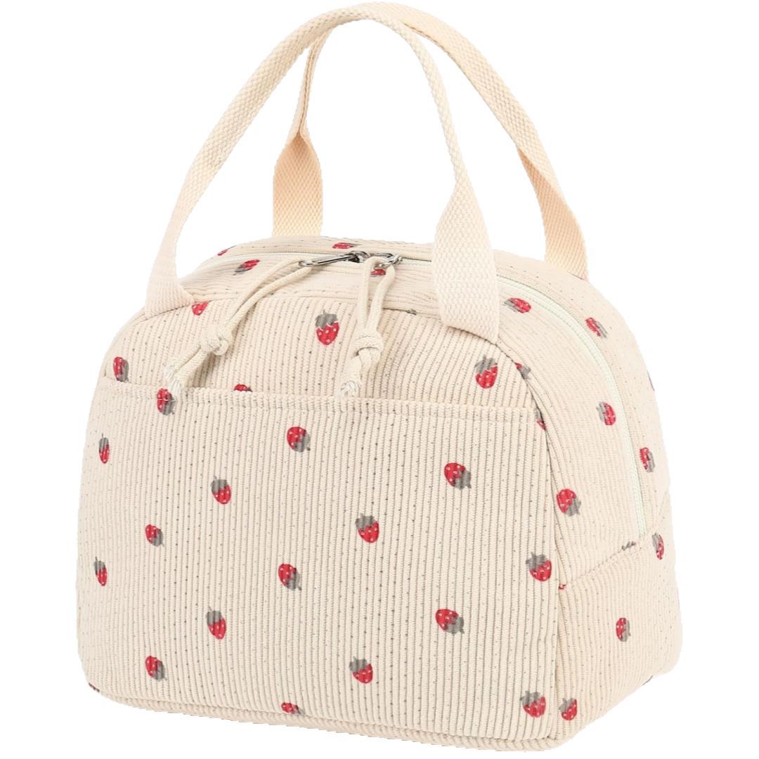 Beige Checkered Pattern Corduroy Lunch Bag - Insulated Thermal Cooler Tote for School Work and Picnics
