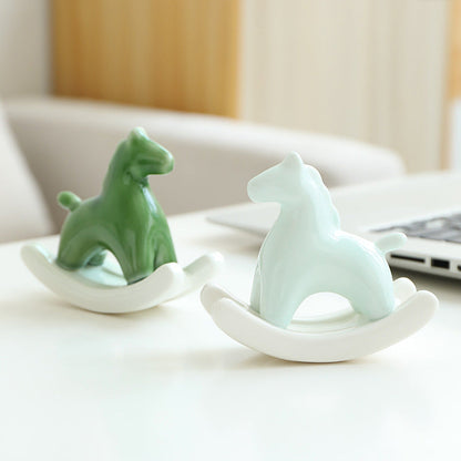 Green Modern Ceramic Rocking Horse Ornament - Cute Porcelain Figurine for Desk & Shelf Decor