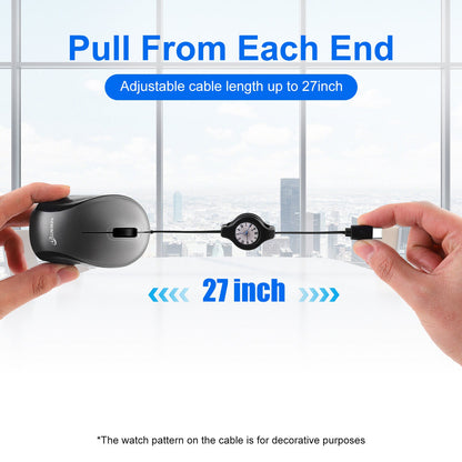 Grey and Black Portable Mini USB-C Mouse with Retractable Cable - Silent Click Travel Mouse for Laptop, MacBook, Tablet
