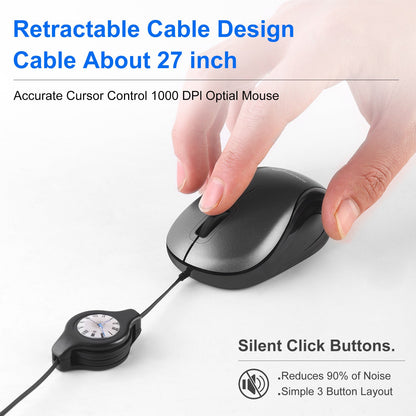 Blue and Black Portable Mini USB-C Mouse with Retractable Cable - Silent Click Travel Mouse for Laptop, MacBook, Tablet